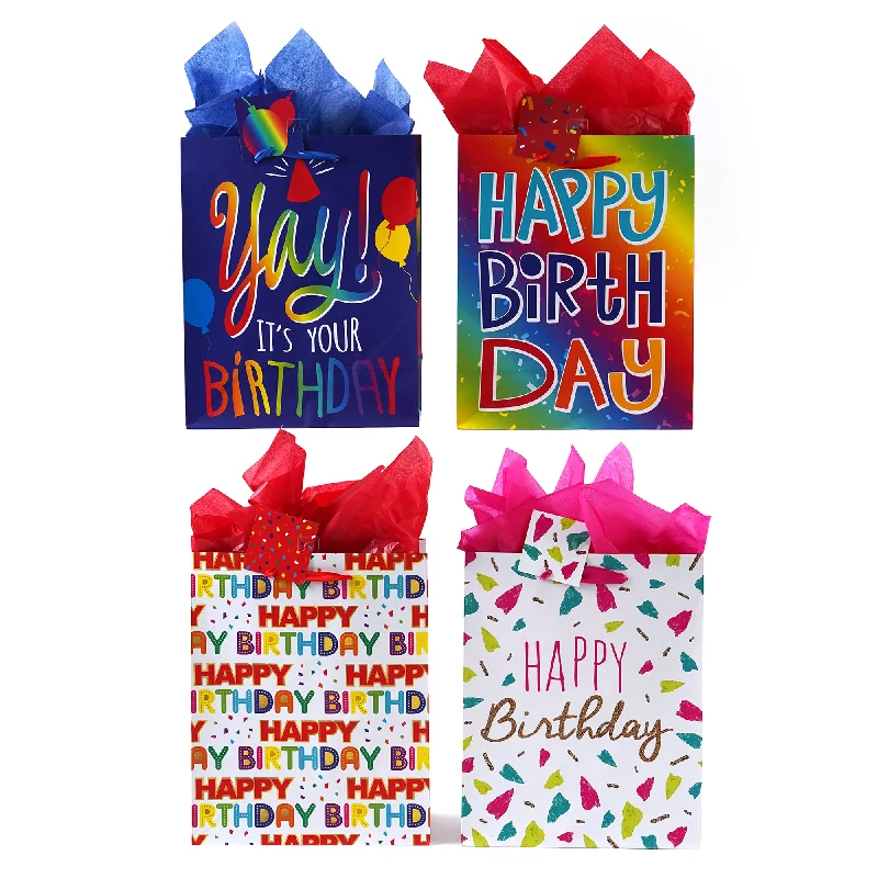 Transparent PVC shopping and gift bags with a decorative ribbon for visibility of contentsExtra Large We All Love Birthdays Printed Bag, 4 Designs