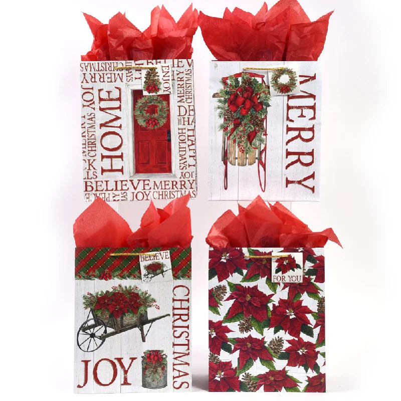 Retro - inspired shopping and gift bags with a bold color palette for nostalgia4Pk Medium Christmas Classic Poinsettia Glitter Bag, 4 Designs