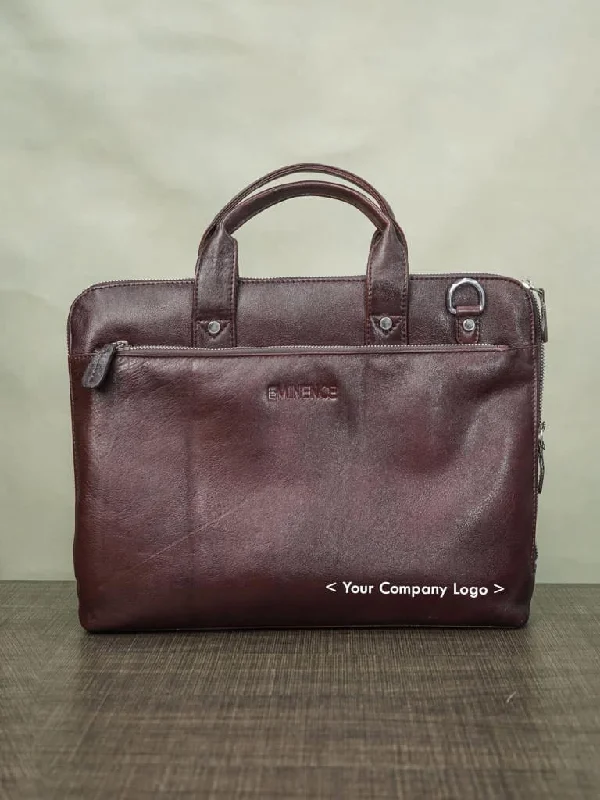 Large-capacity leather laptop bag with multiple compartments for business executivesNickle Chain Laptop Bag - Dark Brown - BCG0022