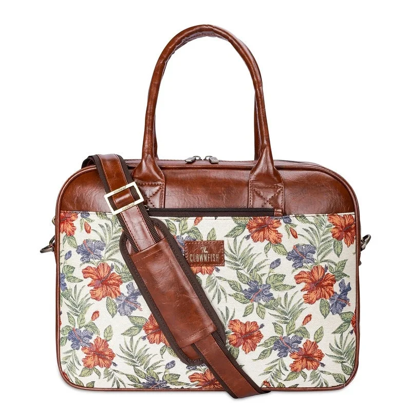 Large-capacity leather laptop bag with multiple compartments for business executivesTHE CLOWNFISH Deborah series 15.6 inch Laptop Bag For Women Tapestry Fabric & Faux Leather Office Bag Briefcase Messenger Sling Handbag Business Bag (Maroon-Floral)