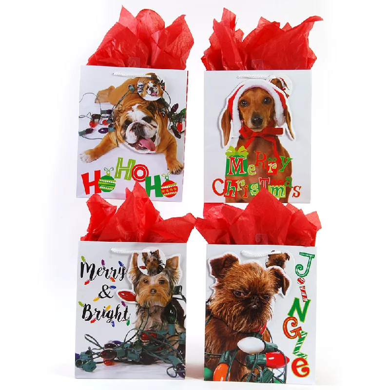 Metallic foil shopping and gift bags with holographic effects for festive occasions4Pk Medium Christmas Pup Lights Pop Layer Bag, 4 Designs