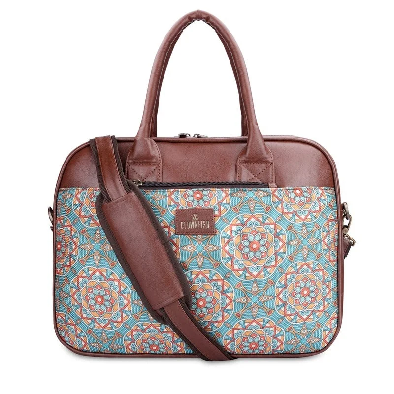 Designer laptop bag with a unique pattern or color for fashion-conscious individualsTHE CLOWNFISH Deborah series 15.6 inch Laptop Bag For Women Printed Handicraft Fabric & Faux Leather Office Bag Briefcase Messenger Sling Handbag Business Bag (Light Green-Geometric Design)