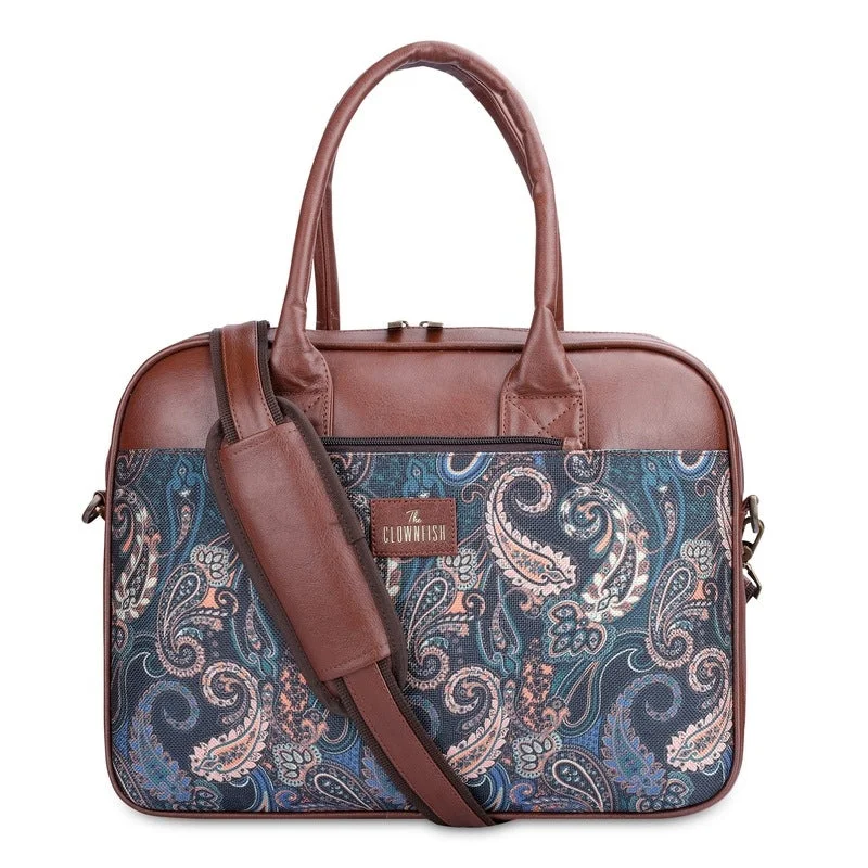 Laptop bag with a separate compartment for tablets and accessoriesTHE CLOWNFISH Deborah series 15.6 inch Laptop Bag For Women Printed Handicraft Fabric & Faux Leather Office Bag Briefcase Messenger Sling Handbag Business Bag (Marine Blue)