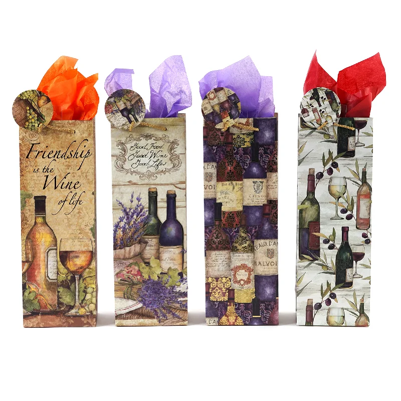 Colorful paper shopping and gift bags with intricate embossed patterns for party favorsBottle Wine With Me  Hot Stamp Bag, 4 Designs