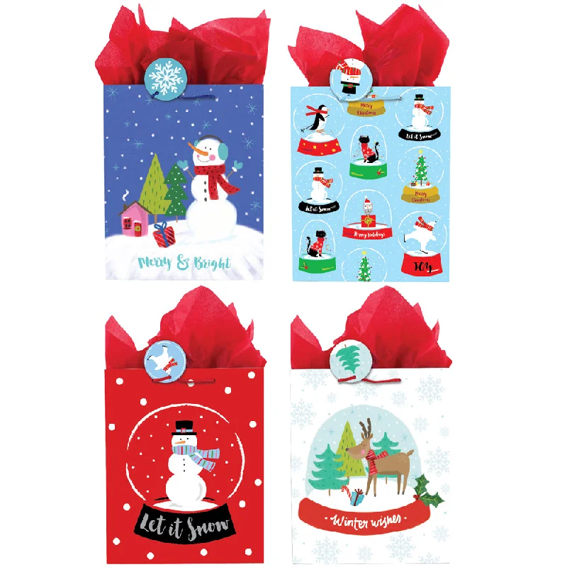 Vintage - style fabric shopping and gift bags with lace trim for a romantic touch4Pk Medium Christmas Snowglobe Holiday Printed Bag, 4 Designs