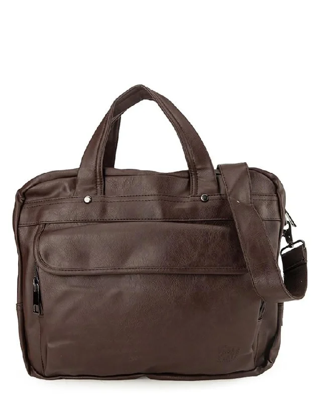 Military-style laptop bag with MOLLE webbing for attaching extra gearDistressed Leather Laptop Tote Bag - Dark Brown