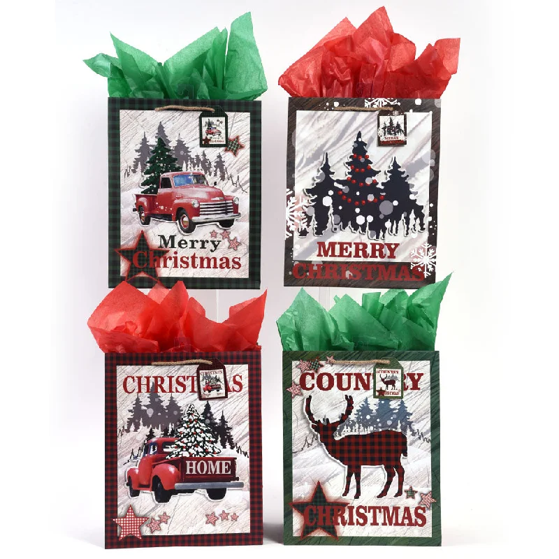 Colorful paper shopping and gift bags with intricate embossed patterns for party favors4Pk Medium Christmas Lodge Pop Layer Bag, 4 Designs