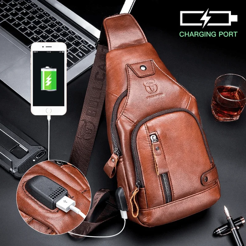 Men's crossbody bag with a water - resistant coating for rainy daysBullcaptain Genuine Leather USB Charging Large Capacity Business Casual Chest Bag Shoulder Crossbody Bag