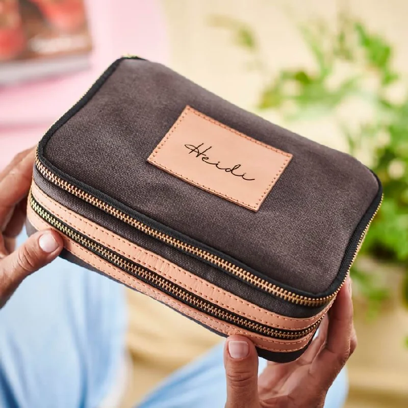 Travel bag with a built - in power bank charger for on - the - go device chargingLeather and Canvas Make-up Brush Case