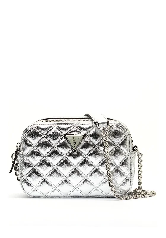 Minimalist men's crossbody bag with a single compartment for simplicityGuess Giully Quilted Crossbody Bag, Silver