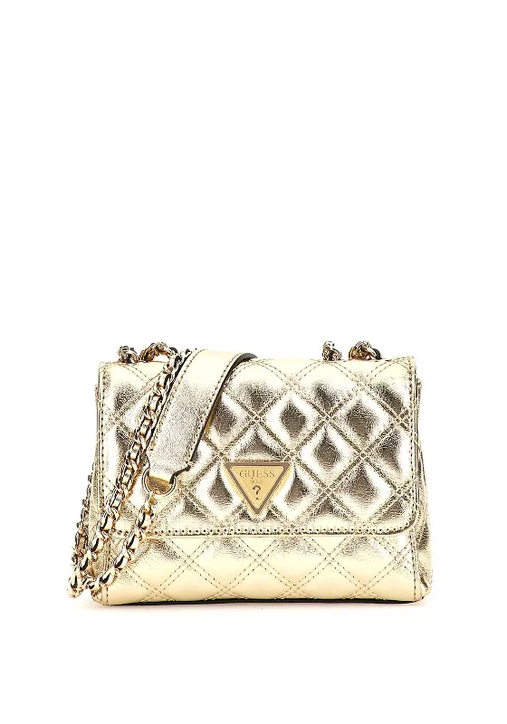 Designer men's crossbody bag with a unique pattern or logoGuess Giully Quilted Laminated Mini Crossbody Bag, Gold