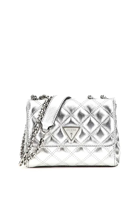 Men's crossbody bag made from recycled materials for eco - friendly usersGuess Giully Quilted Laminated Mini Crossbody Bag, Silver