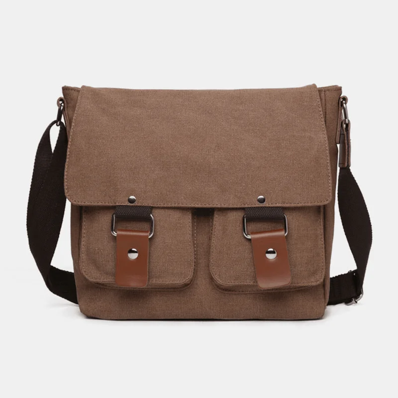 Men's crossbody bag with a water - resistant coating for rainy daysMen Double Front Pocket Large Capacity Crossbody Bag Retro Canvas Horizontal Solid Color Anti-Theft Shoulder Bag