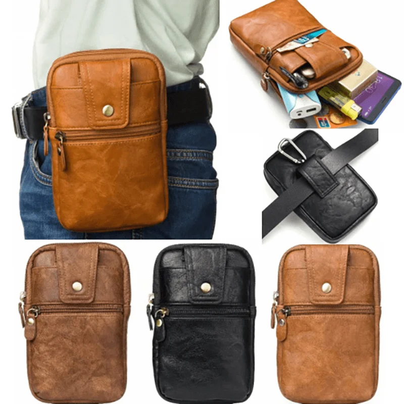 Vintage - inspired men's crossbody bag with a distressed finishMen Genuine Leather Double Zipper Waist Bag Crossbody Bag