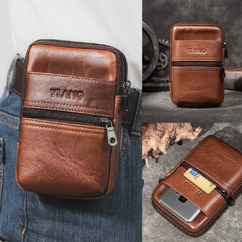 Canvas men's crossbody bag with a rustic, casual styleMen Genuine Leather Multi-Pocket Casual Waist Bag 6.3 Inch Phone Bag EDC Bag