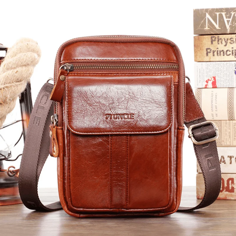 Men's crossbody bag with a padded laptop sleeve for commutingMen Genuine Leather Retro Business Multi-Function Chest Bag Shoulder Bag Cross Body Bag