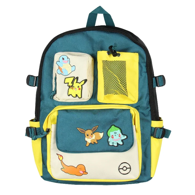 Lightweight nylon duffel travel bag with multiple exterior pockets for quick accessPokemon 16" Backpack Pikachu Eevee Charmander Squirtle Bulbasaur Utility Travel Laptop Multipurpose Backpack