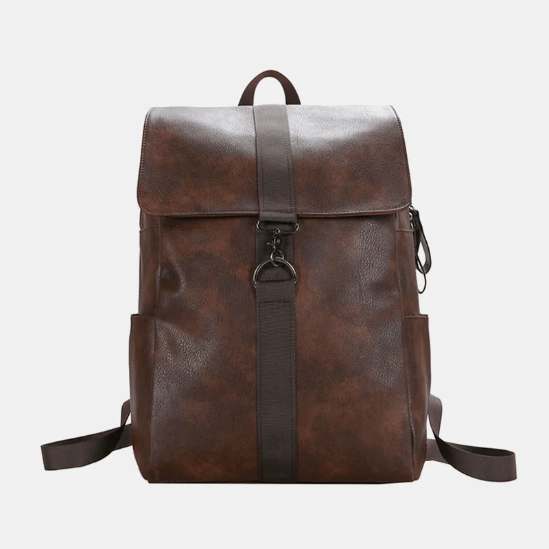 Men's leather backpack with vintage-style brass hardware for business useUnisex Faux Leather Retro Large Capacity Outdoor 15.6 Inch Laptoop Bag School Bag Backpack